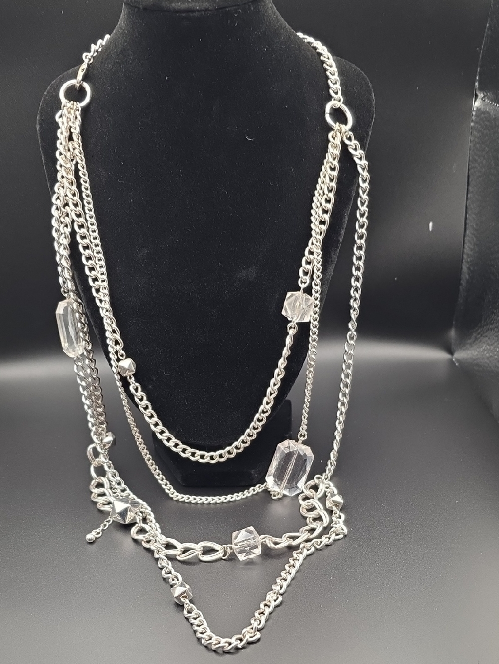Multi-Strand Silver Chain Necklace with Clear Crystal Accents
